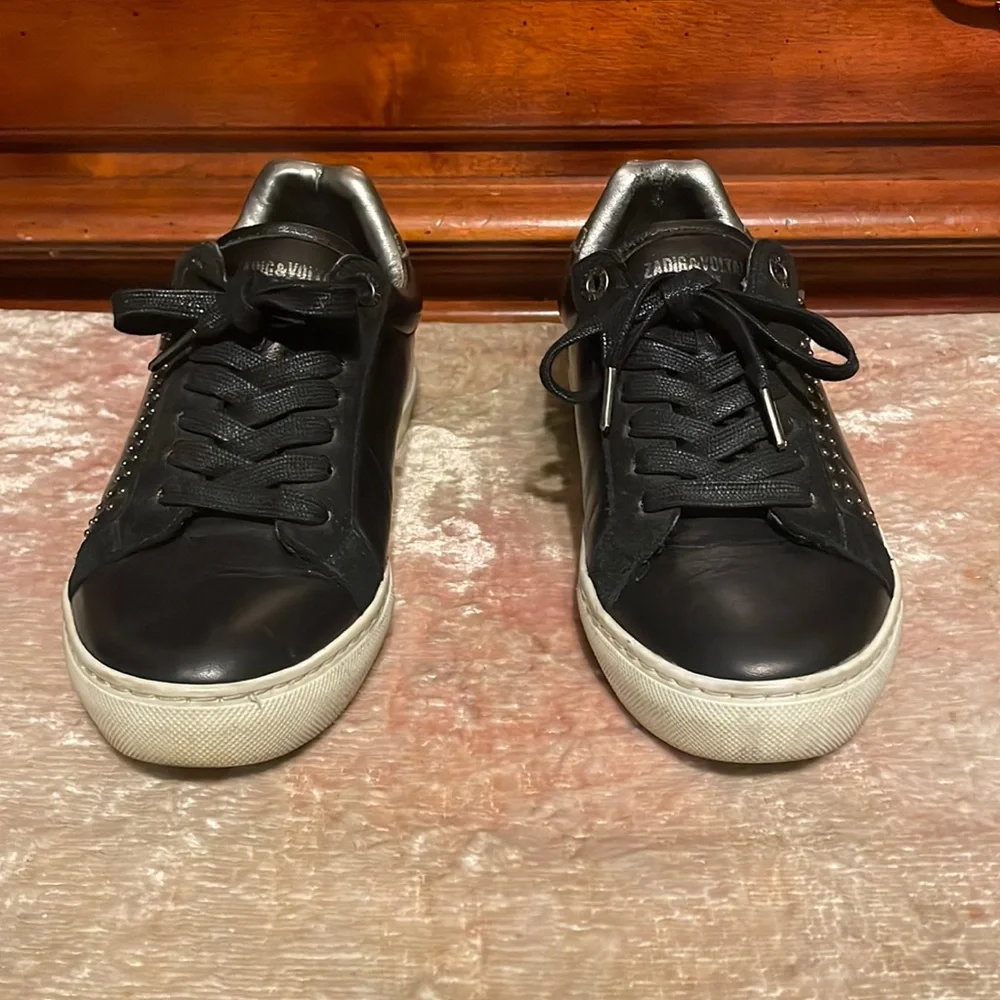 ZADIG & VOLTAIRE Leather Black Silver Studded Lace Up Sneakers ZV1747 $238 EUC 7 - Picture 3 of 7